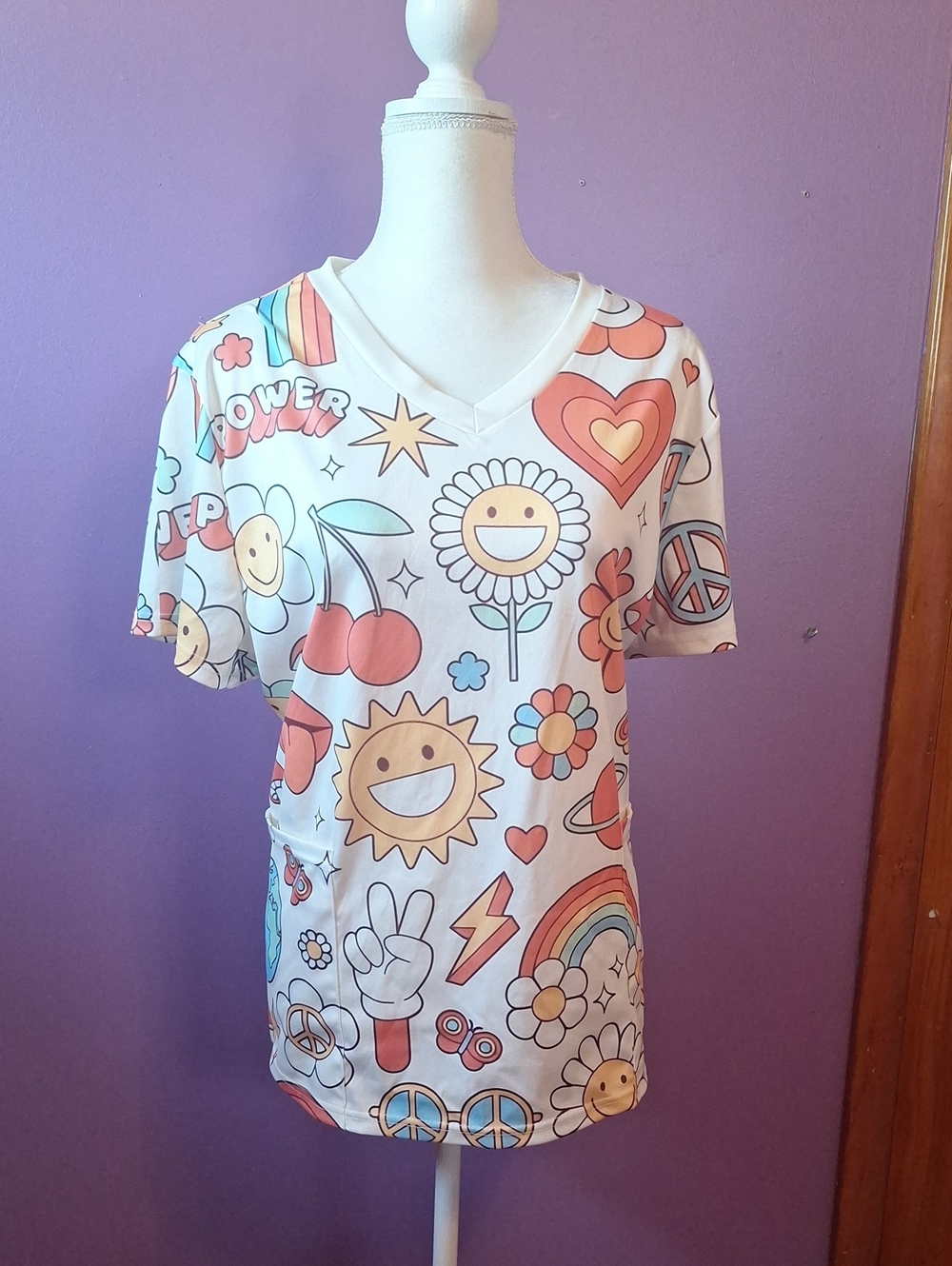 Women's White Retro Doodle V-Neck Scrubs Top with Multicolor Prints